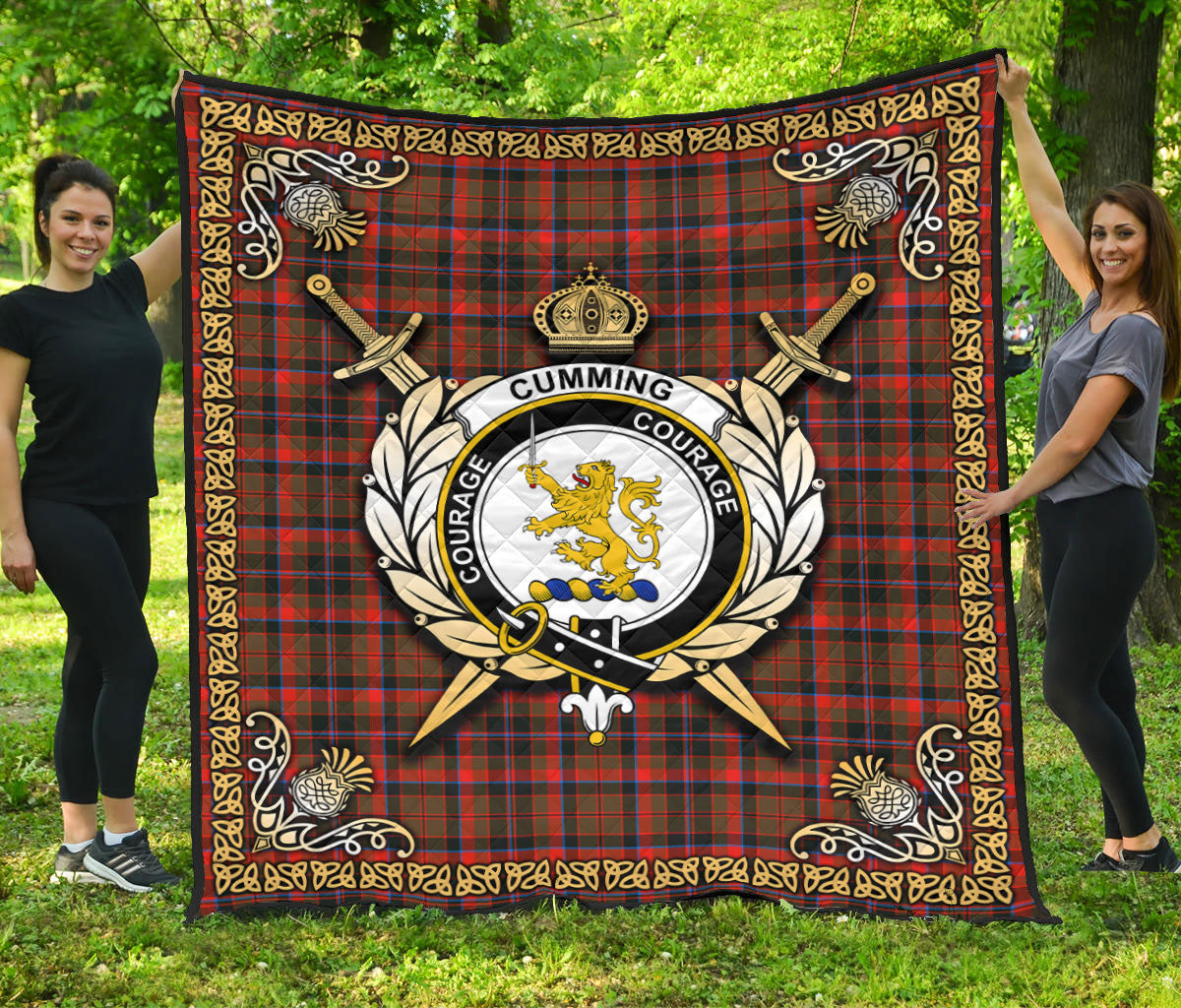 Cumming Hunting Weathered Tartan Crest Premium Quilt - Celtic Thistle Style