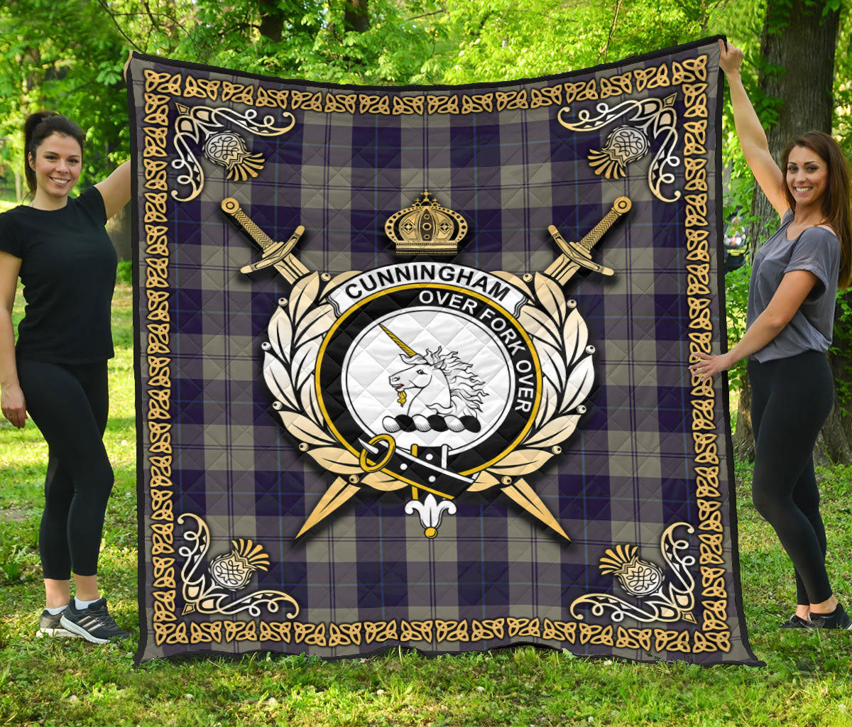 Cunningham Dress Blue Dancers Tartan Crest Premium Quilt - Celtic Thistle Style