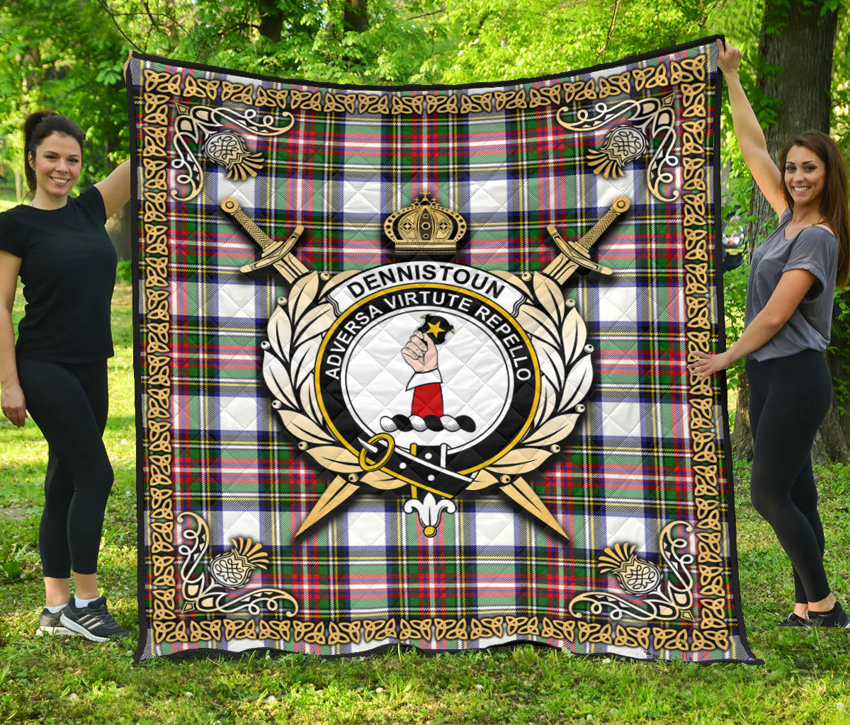 Dennistoun Tartan Crest Premium Quilt - Celtic Thistle Style