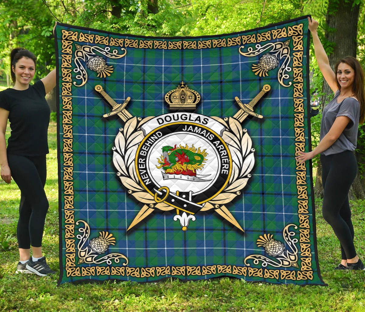 Douglas Ancient Tartan Crest Premium Quilt - Celtic Thistle Style