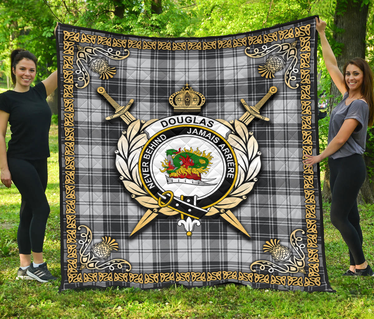 Douglas Grey Modern Tartan Crest Premium Quilt - Celtic Thistle Style