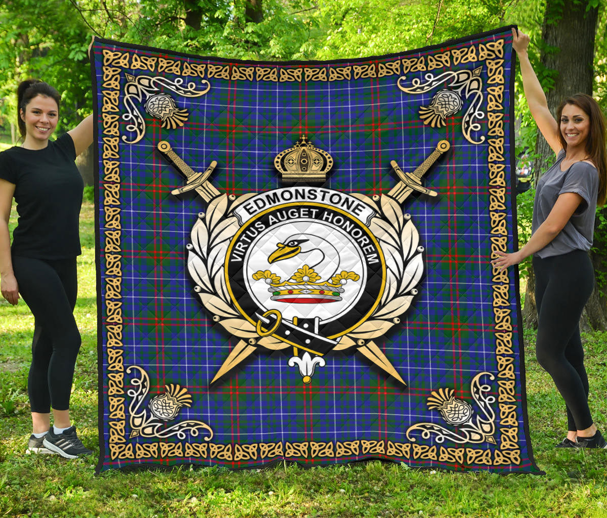 Edmonstone Tartan Crest Premium Quilt - Celtic Thistle Style