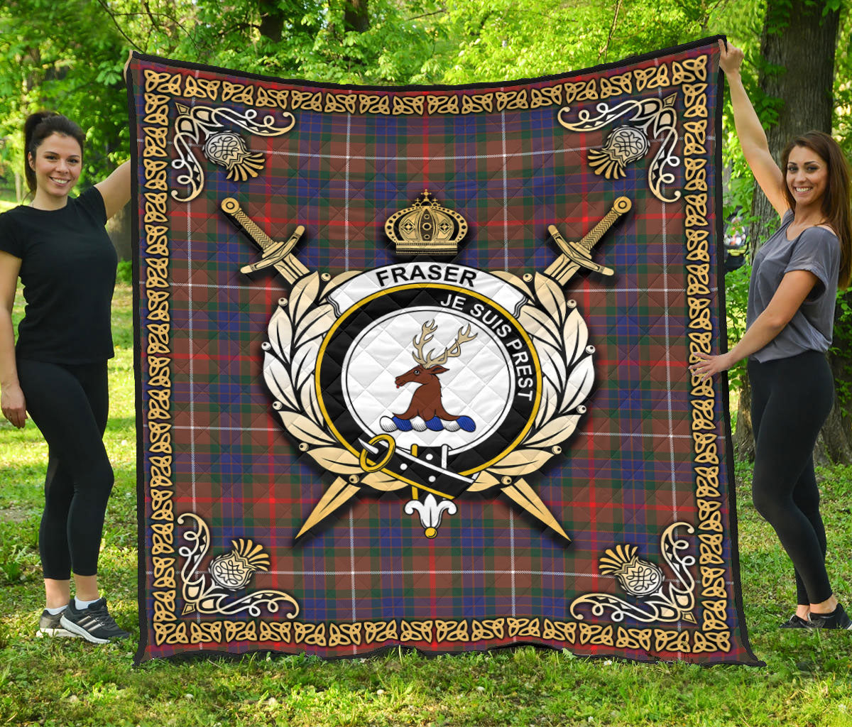 Fraser (of Lovat) Hunting Modern Tartan Crest Premium Quilt - Celtic Thistle Style