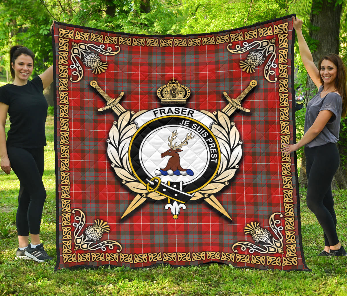 Fraser (of Lovat) Weathered Tartan Crest Premium Quilt - Celtic Thistle Style