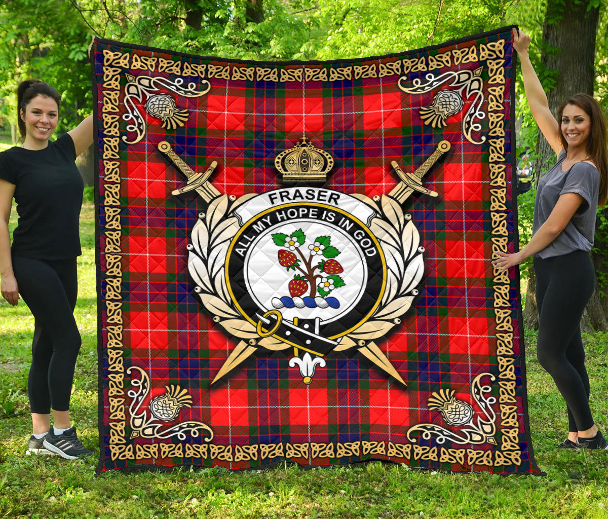 Fraser Tartan Crest Premium Quilt - Celtic Thistle Style