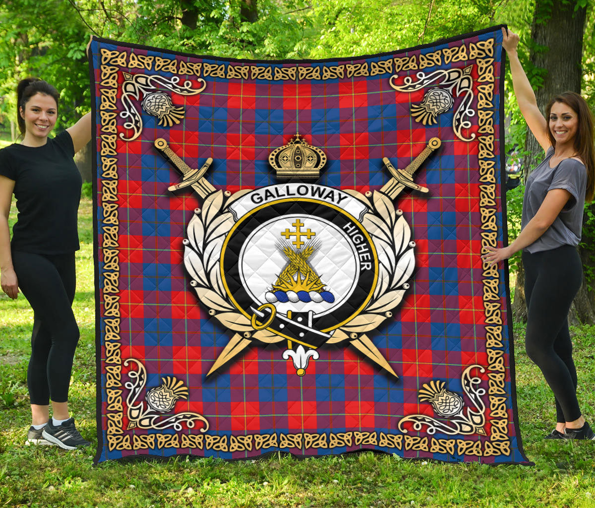 Galloway Red Tartan Crest Premium Quilt - Celtic Thistle Style