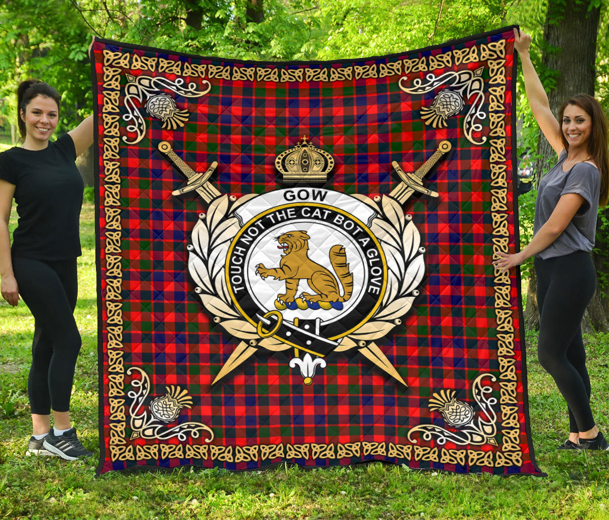 Gow (or McGouan) Tartan Crest Premium Quilt - Celtic Thistle Style