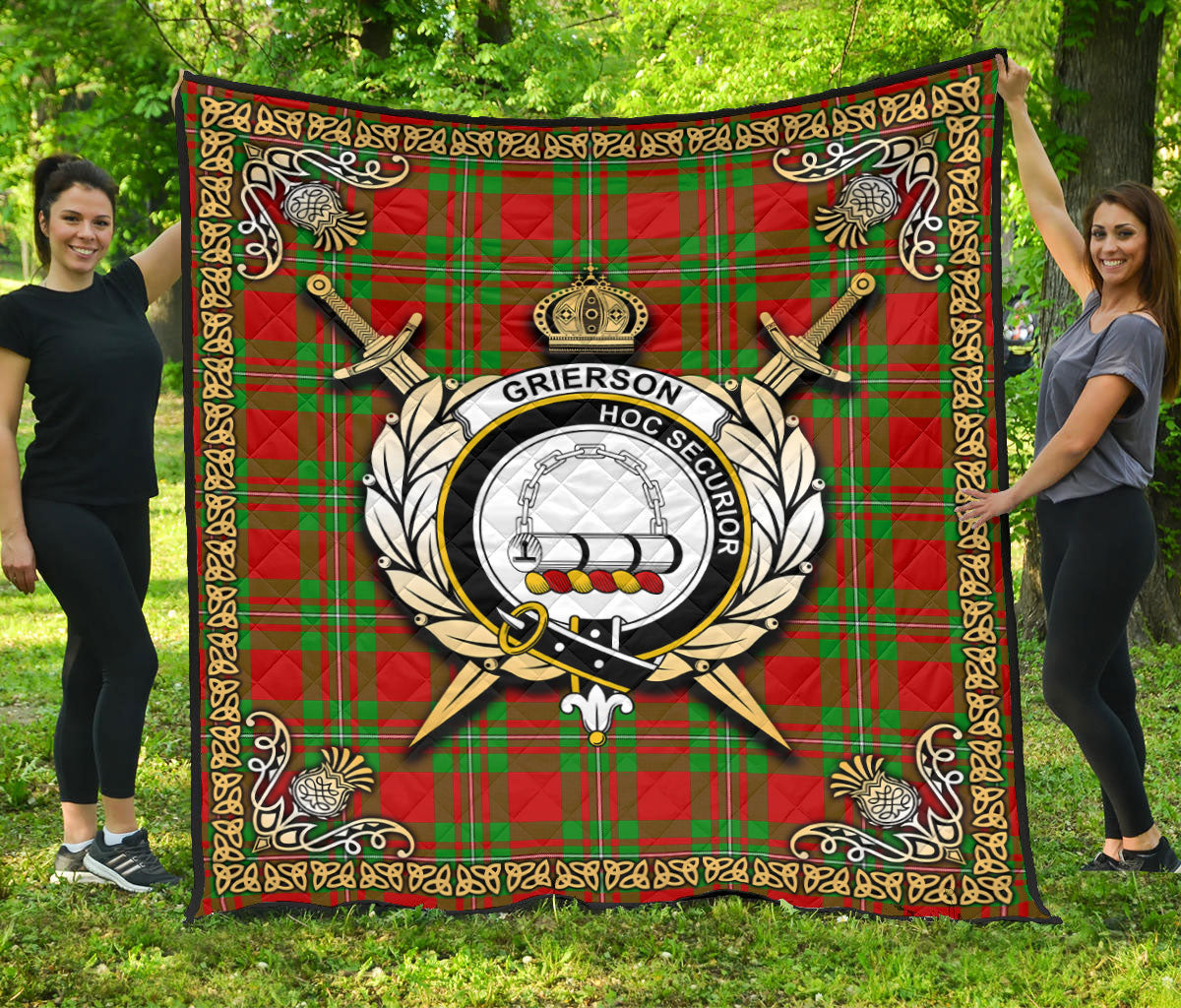 Grierson Tartan Crest Premium Quilt - Celtic Thistle Style