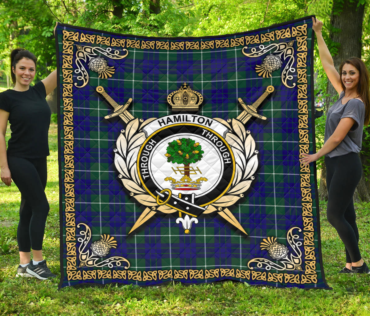 Hamilton Hunting Modern Tartan Crest Premium Quilt - Celtic Thistle Style