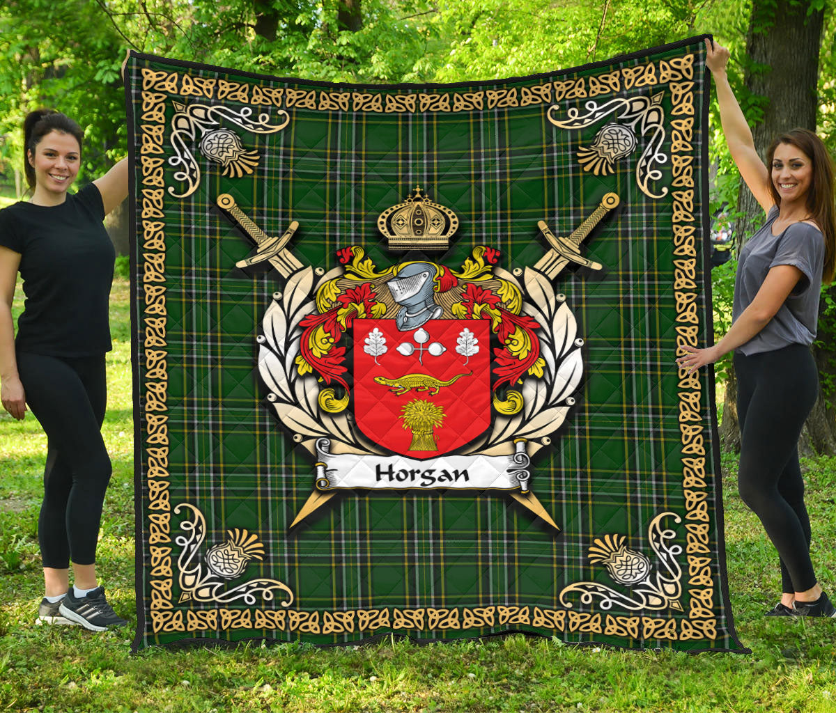 Horgan Tartan Crest Premium Quilt - Celtic Thistle Style