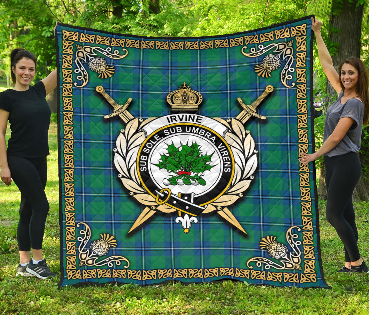 Irvine Ancient Tartan Crest Premium Quilt - Celtic Thistle Style