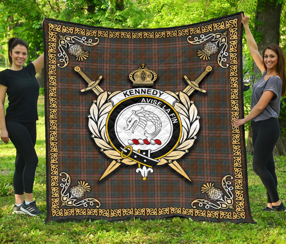 Kennedy Weathered Tartan Crest Premium Quilt - Celtic Thistle Style