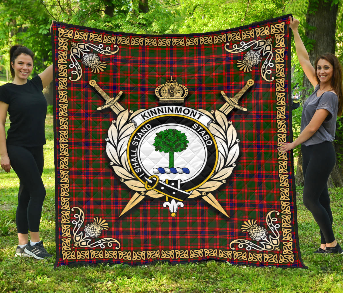 Kinninmont Tartan Crest Premium Quilt - Celtic Thistle Style