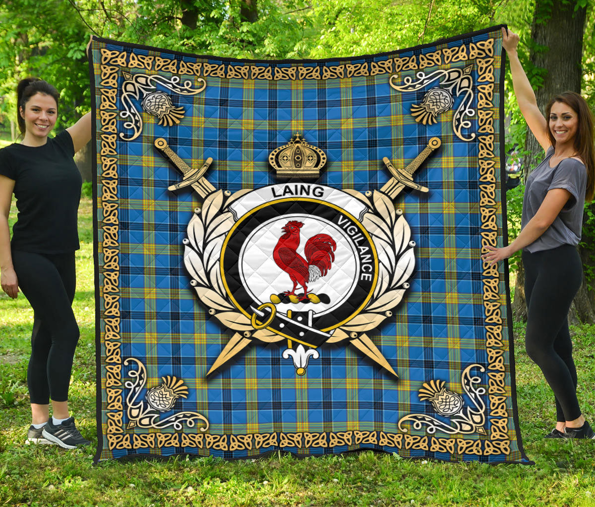 Laing Tartan Crest Premium Quilt - Celtic Thistle Style