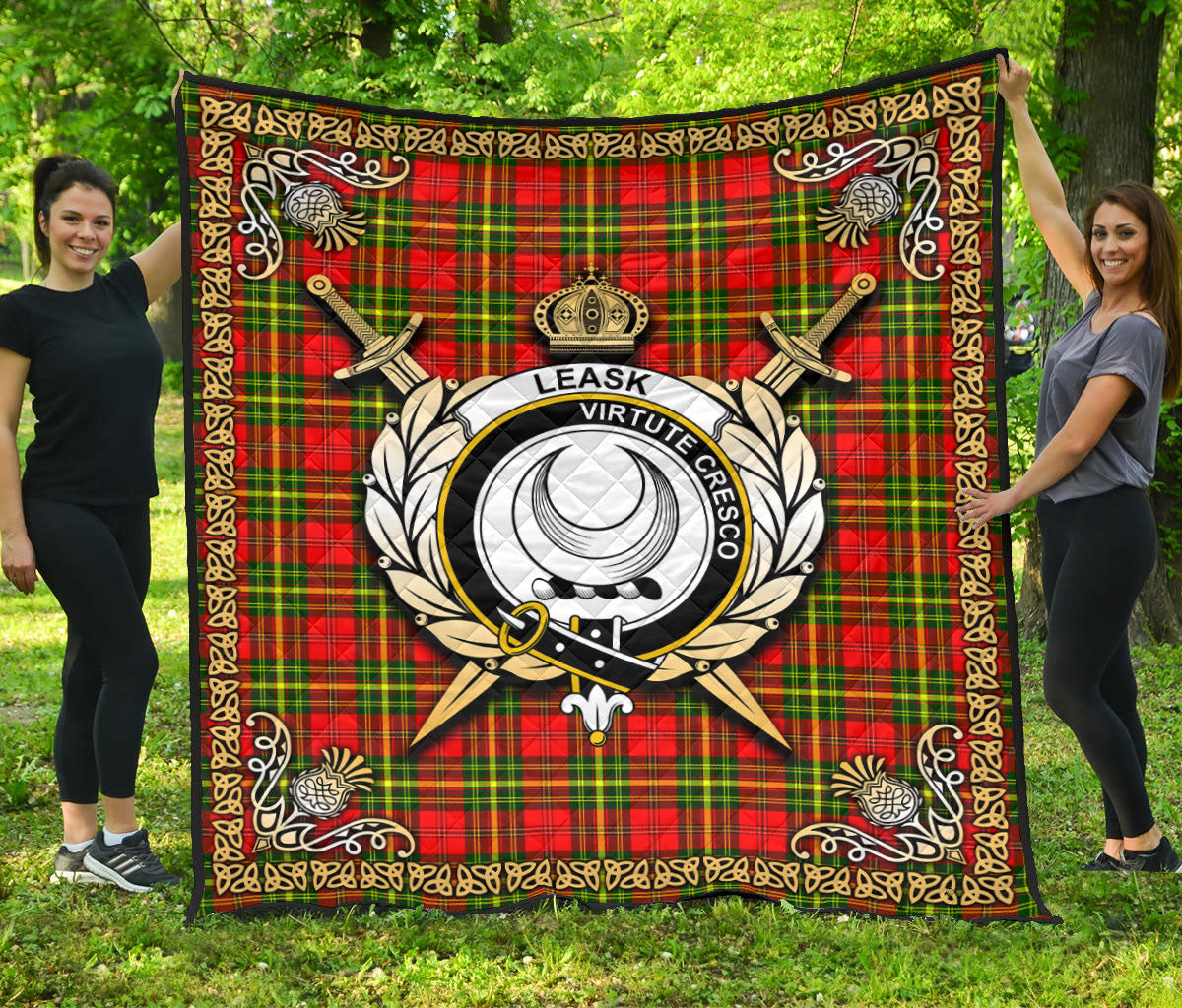 Leask Tartan Crest Premium Quilt - Celtic Thistle Style