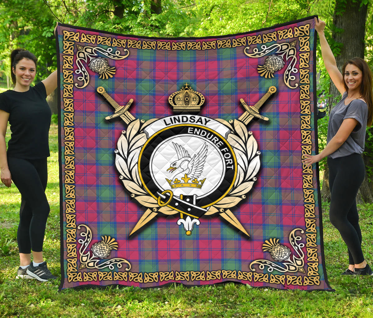 Lindsay Ancient Tartan Crest Premium Quilt - Celtic Thistle Style