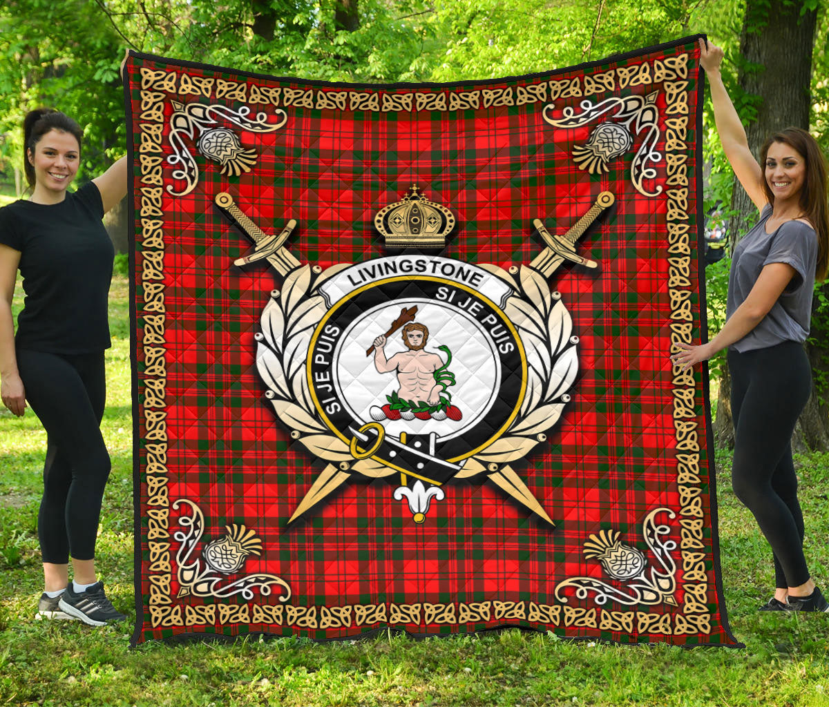 Livingstone Tartan Crest Premium Quilt - Celtic Thistle Style