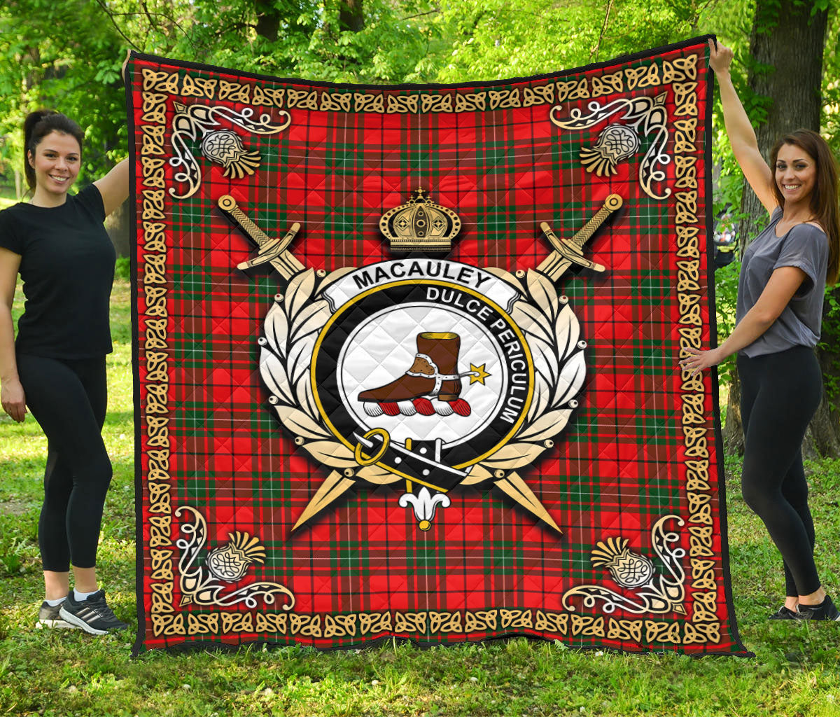 MacAuley Modern Tartan Crest Premium Quilt - Celtic Thistle Style