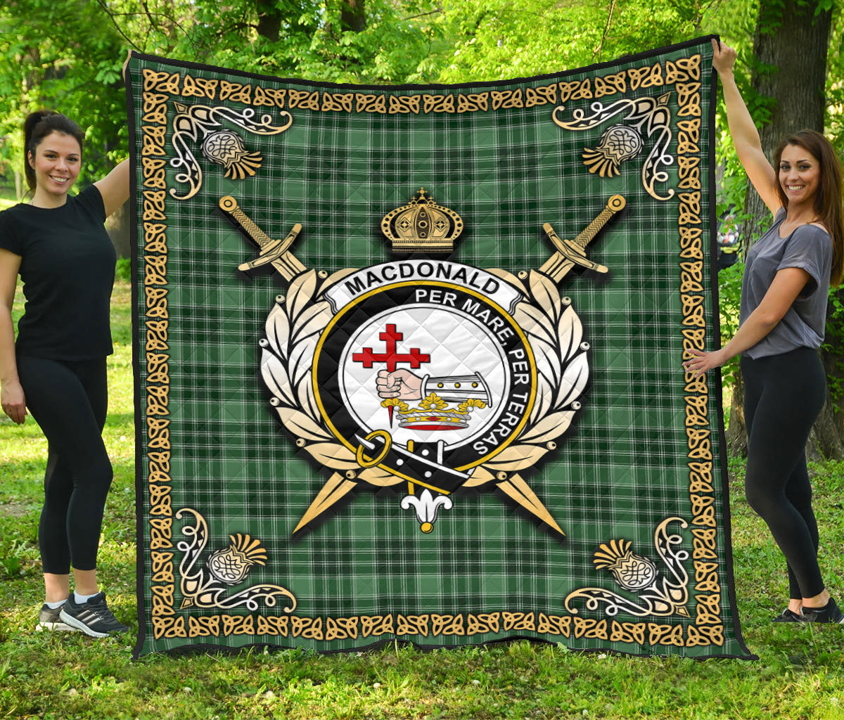 MacDonald Lord of the Isles Hunting Tartan Crest Premium Quilt - Celtic Thistle Style