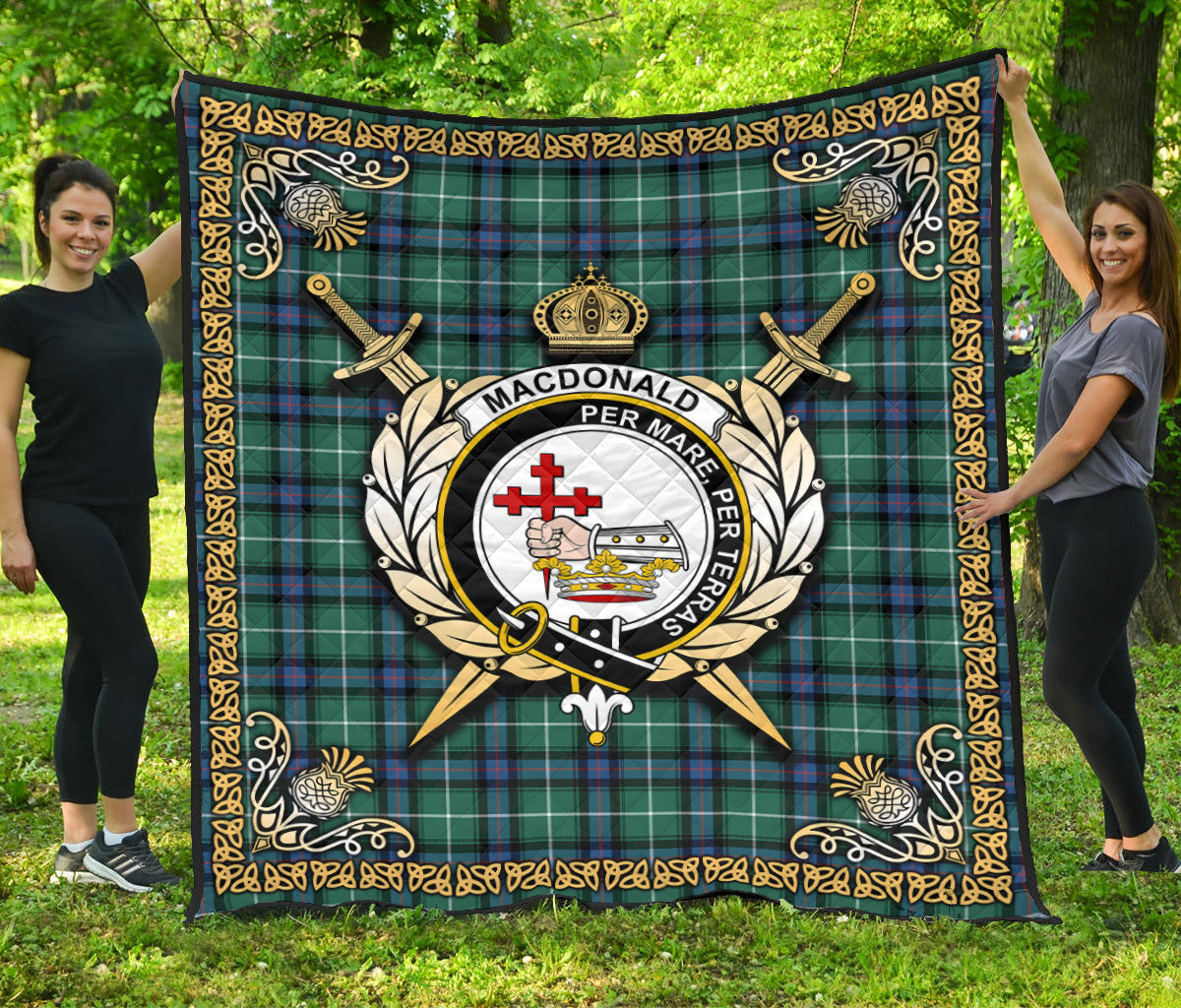 MacDonald of the Isles Hunting Ancient Tartan Crest Premium Quilt - Celtic Thistle Style