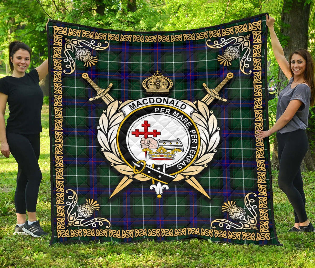 MacDonald of the Isles Hunting Modern Tartan Crest Premium Quilt - Celtic Thistle Style