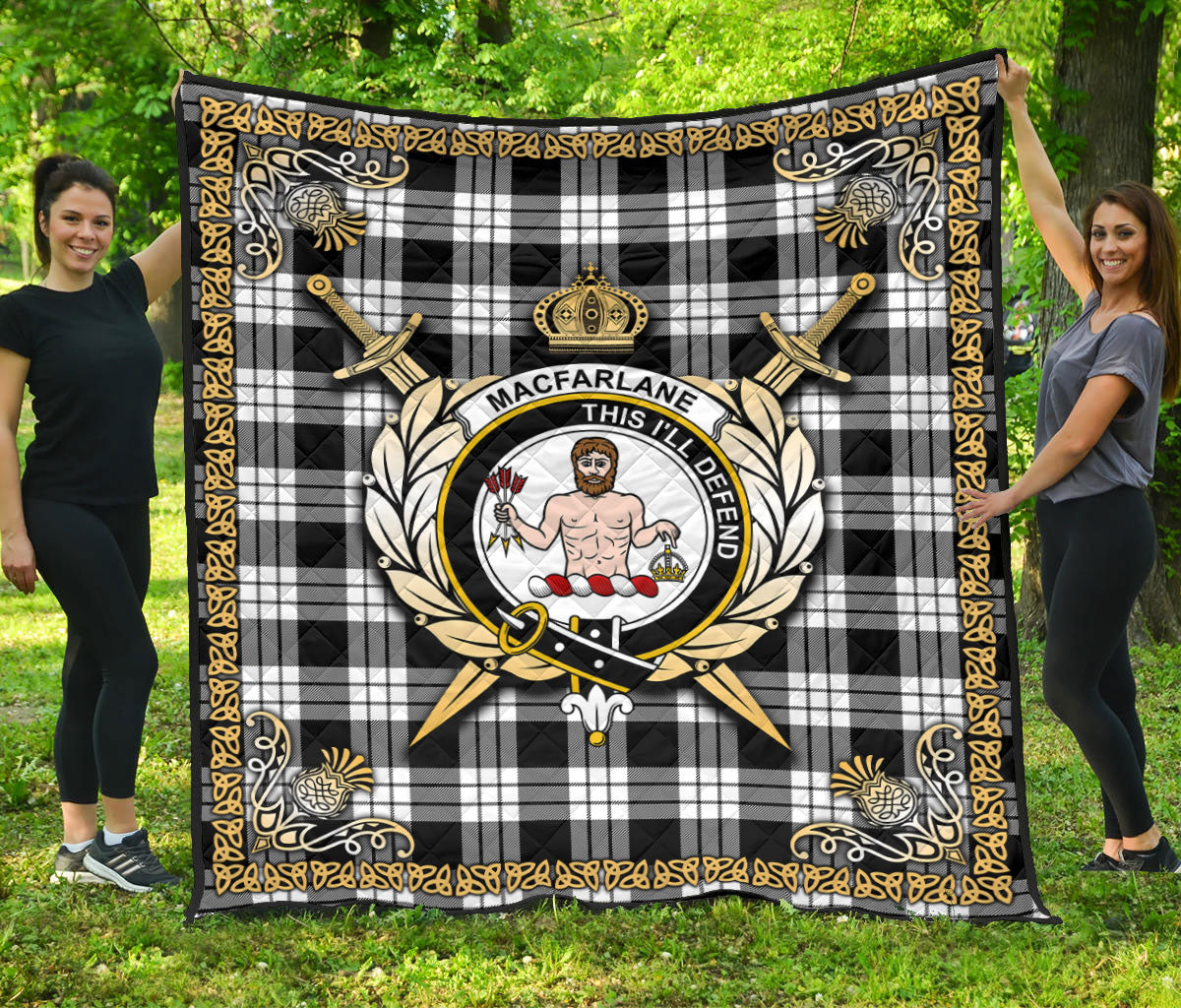 MacFarlane Black _ White Tartan Crest Premium Quilt - Celtic Thistle Style