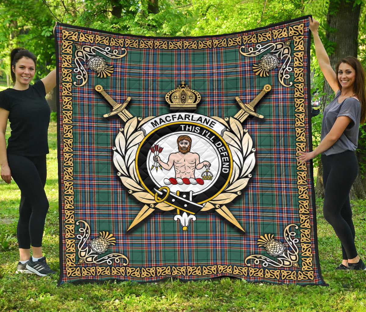 MacFarlane Hunting Ancient Tartan Crest Premium Quilt - Celtic Thistle Style