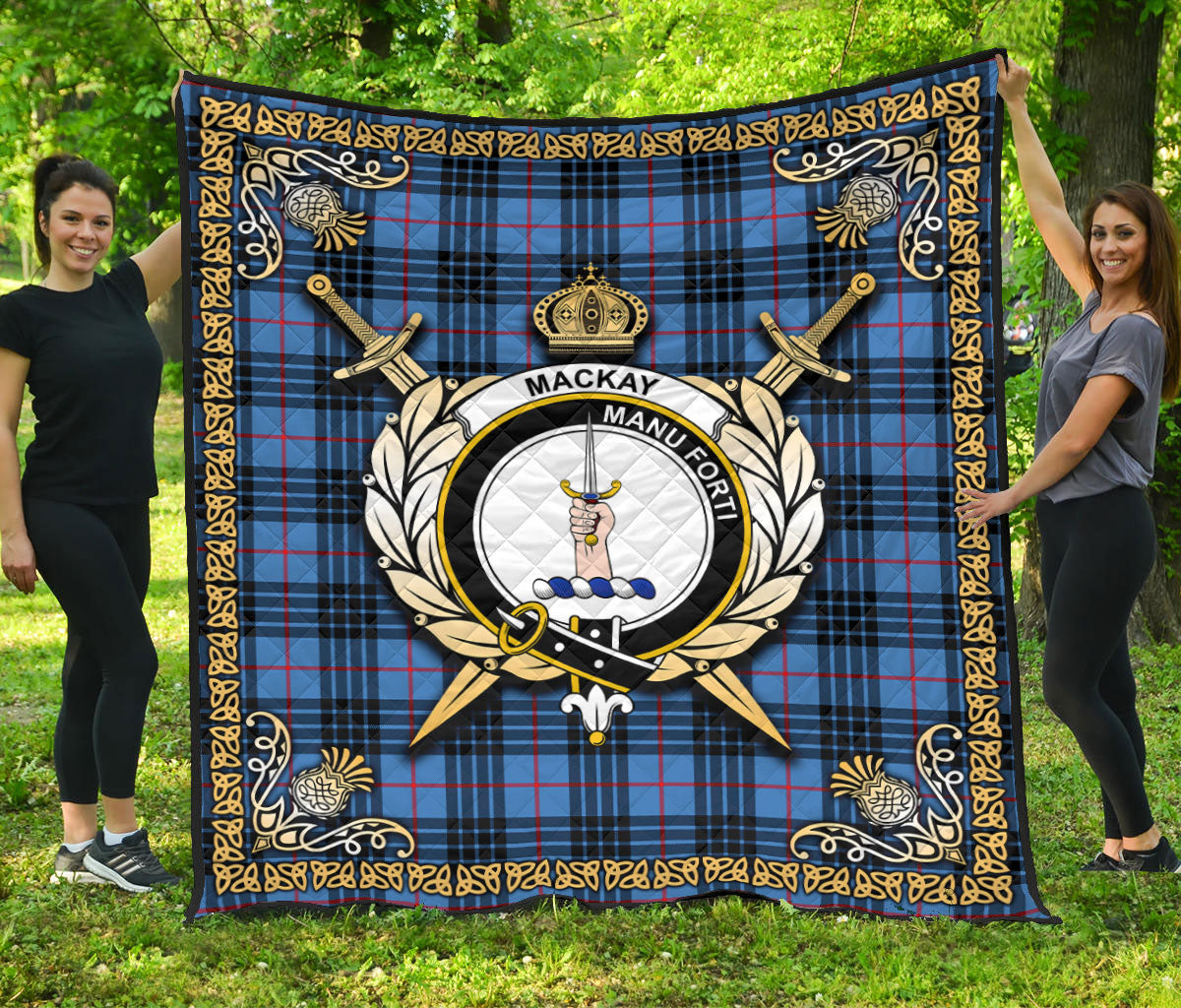 MacKay Blue Tartan Crest Premium Quilt - Celtic Thistle Style