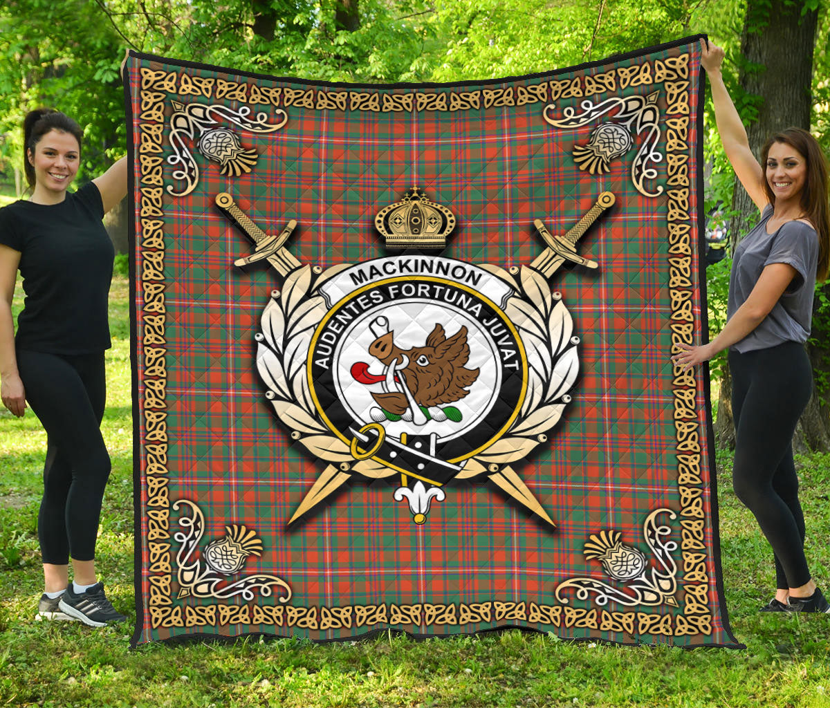 MacKinnon Ancient Tartan Crest Premium Quilt - Celtic Thistle Style