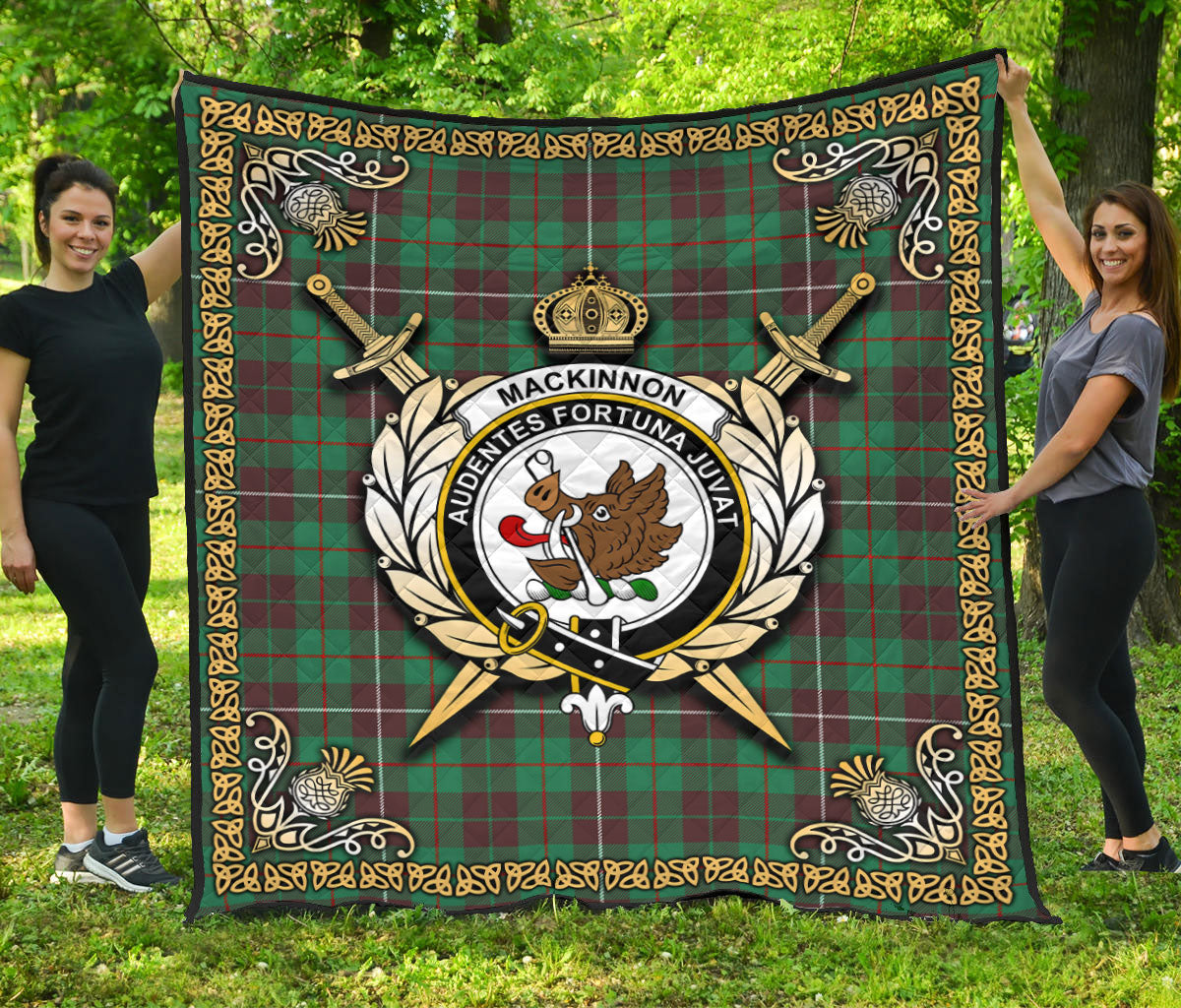 MacKinnon Hunting Ancient Tartan Crest Premium Quilt - Celtic Thistle Style