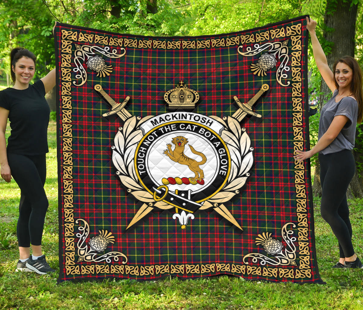 MacKintosh Hunting Modern Tartan Crest Premium Quilt - Celtic Thistle Style