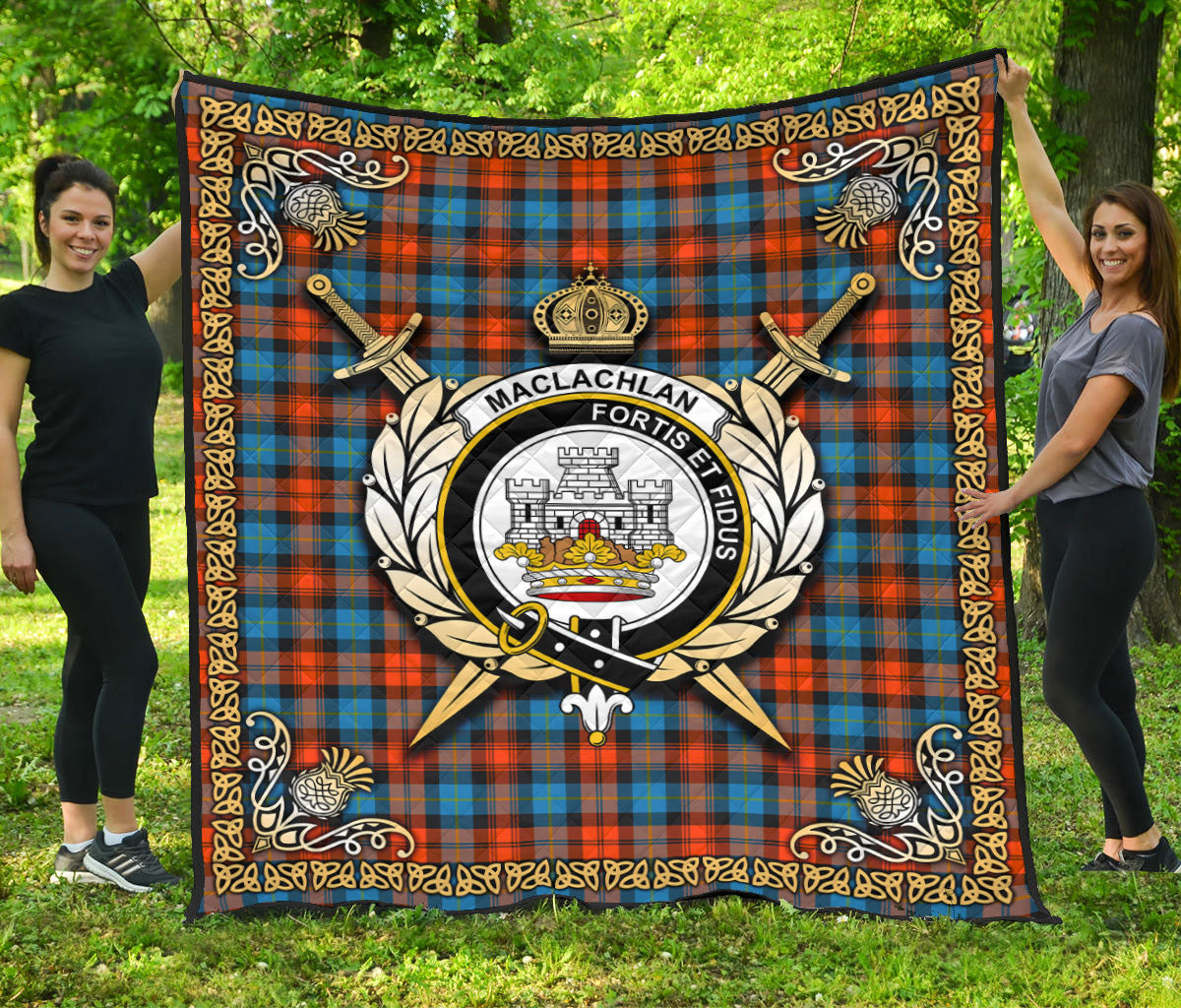 MacLachlan Ancient Tartan Crest Premium Quilt - Celtic Thistle Style