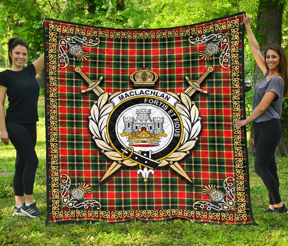 MacLachlan Hunting Modern Tartan Crest Premium Quilt - Celtic Thistle Style