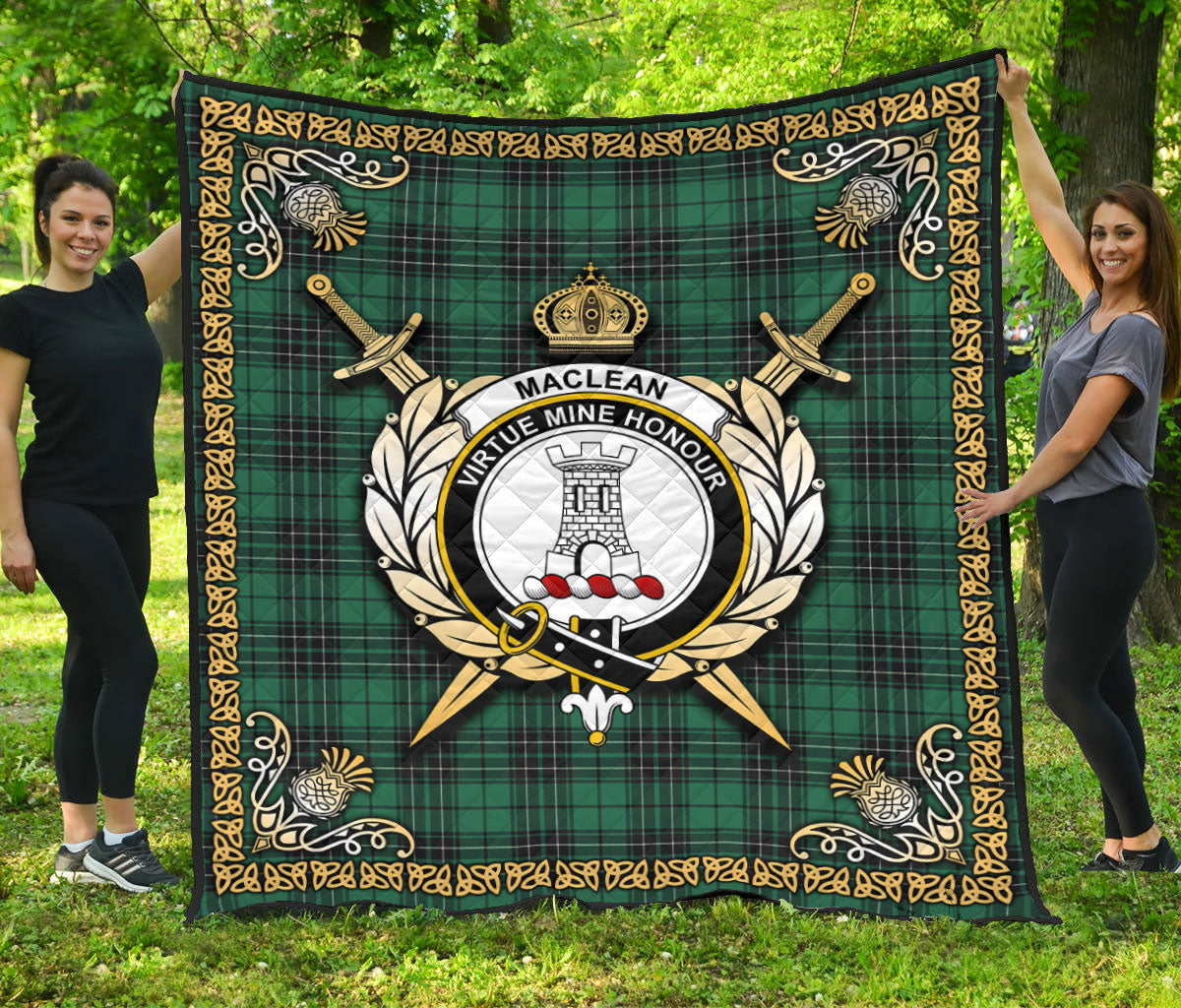 MacLean Hunting Ancient Tartan Crest Premium Quilt - Celtic Thistle Style