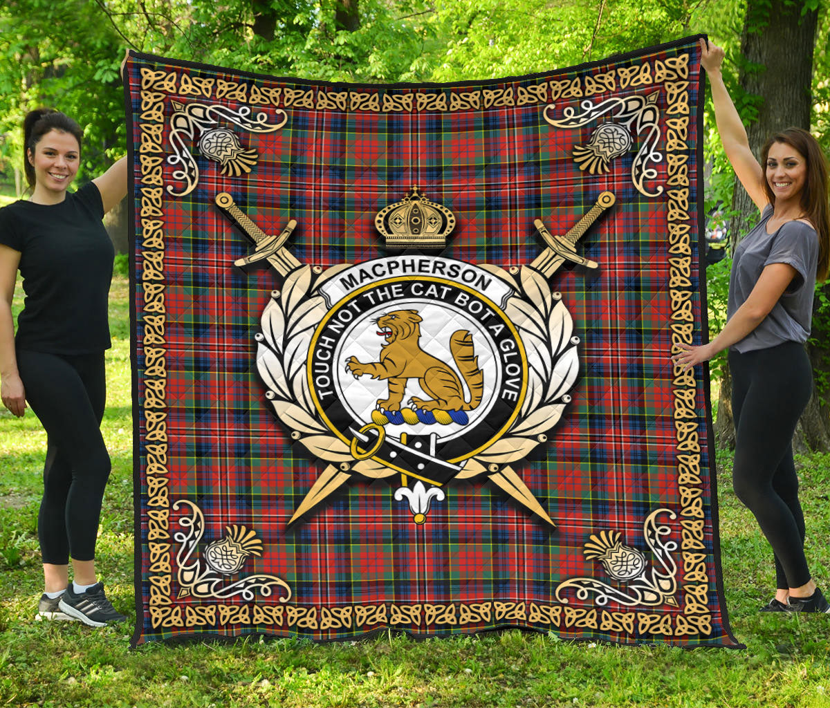 MacPherson Ancient Tartan Crest Premium Quilt - Celtic Thistle Style