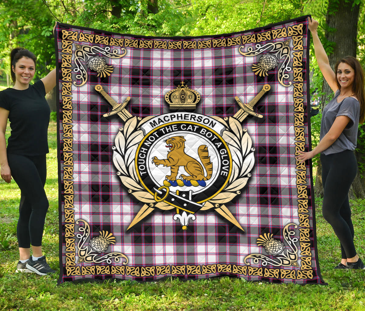 MacPherson Hunting Modern Tartan Crest Premium Quilt - Celtic Thistle Style