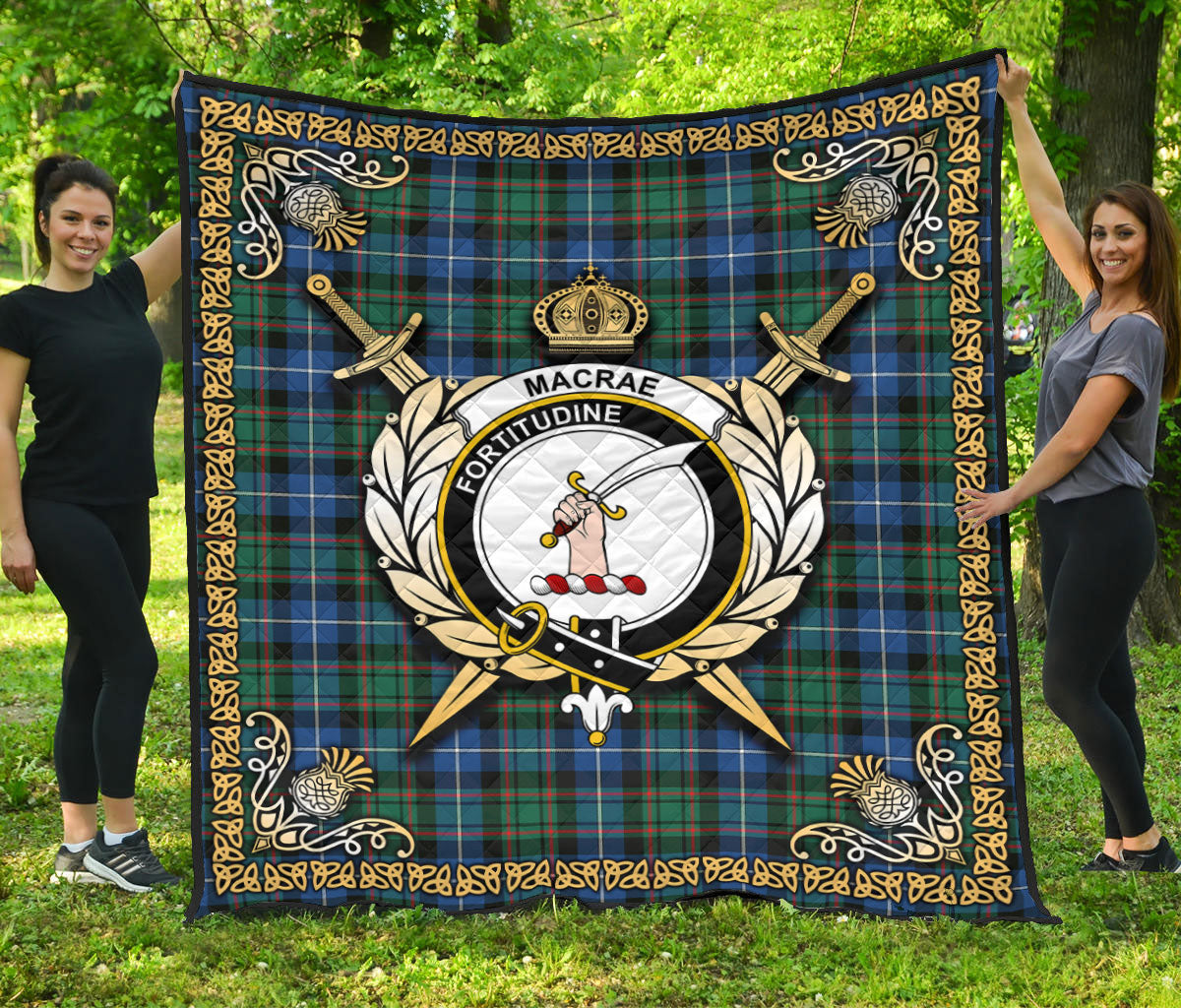 MacRae Hunting Ancient Tartan Crest Premium Quilt - Celtic Thistle Style