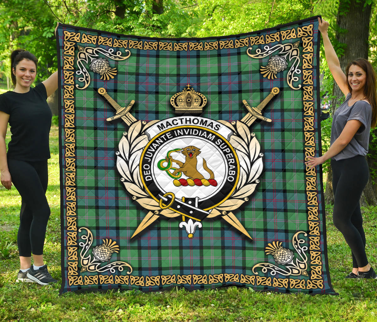 MacThomas Ancient Tartan Crest Premium Quilt - Celtic Thistle Style