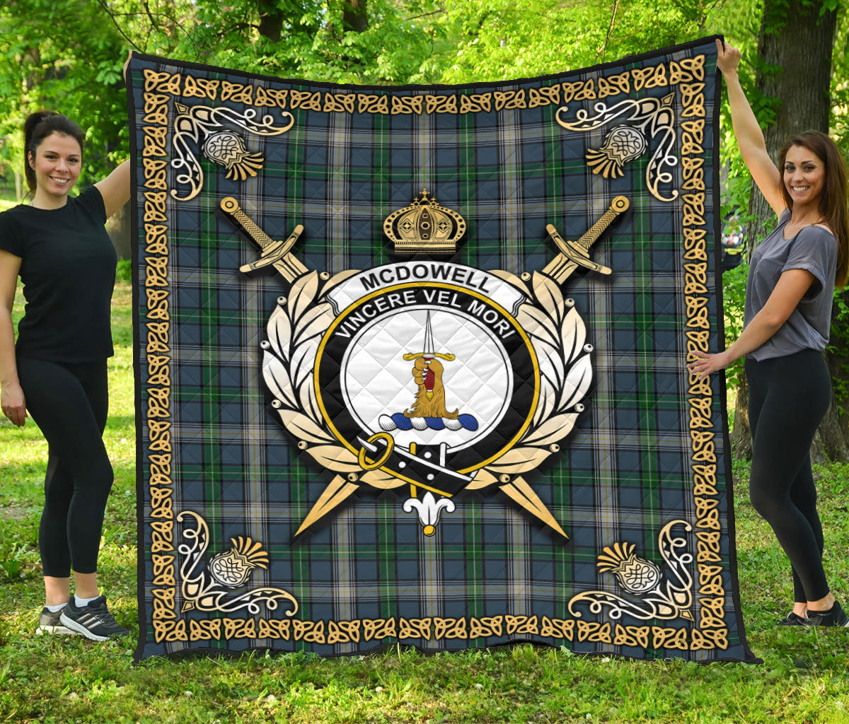 McDowell (MacDowell) Tartan Crest Premium Quilt - Celtic Thistle Style