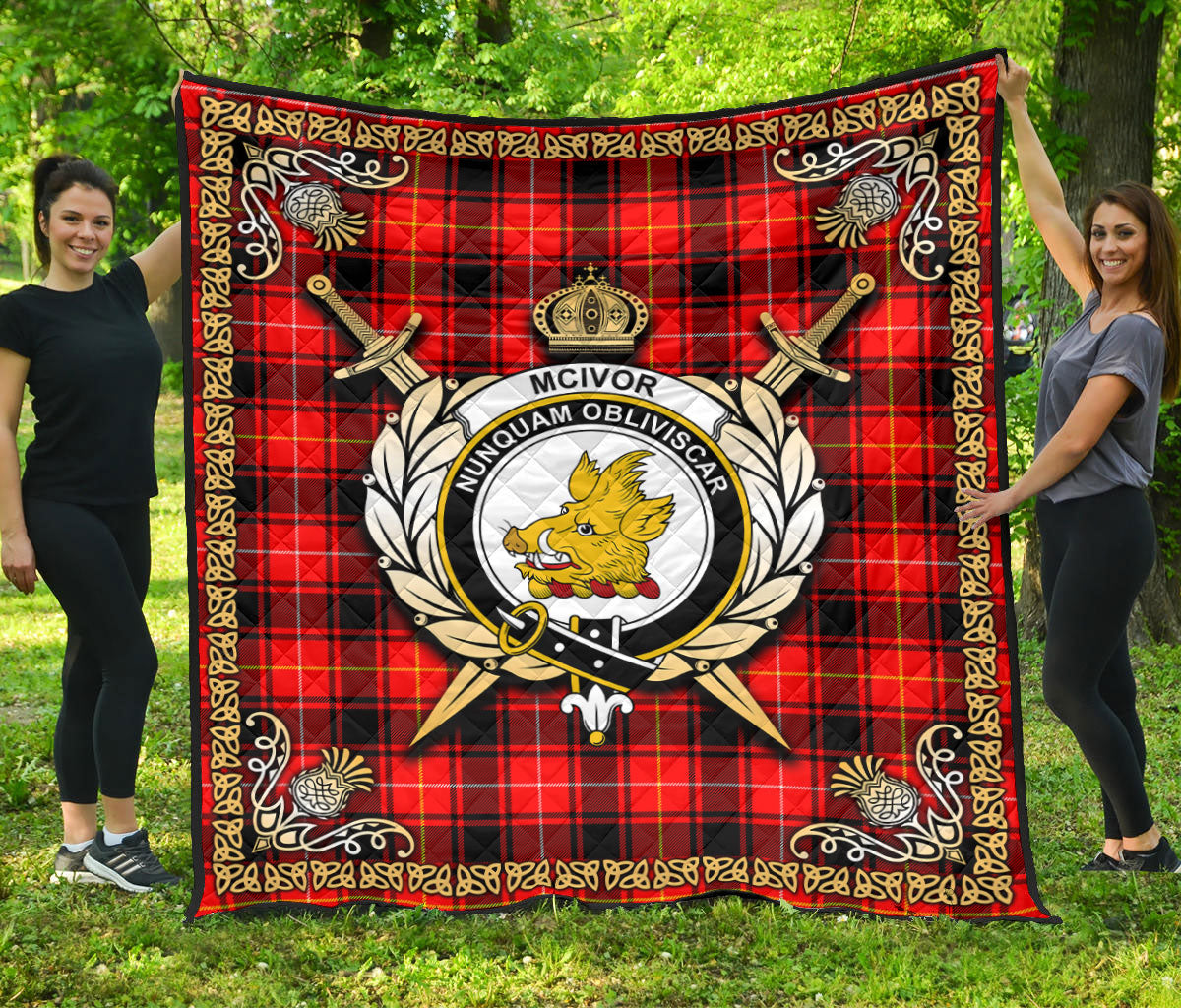 McIvor Tartan Crest Premium Quilt - Celtic Thistle Style