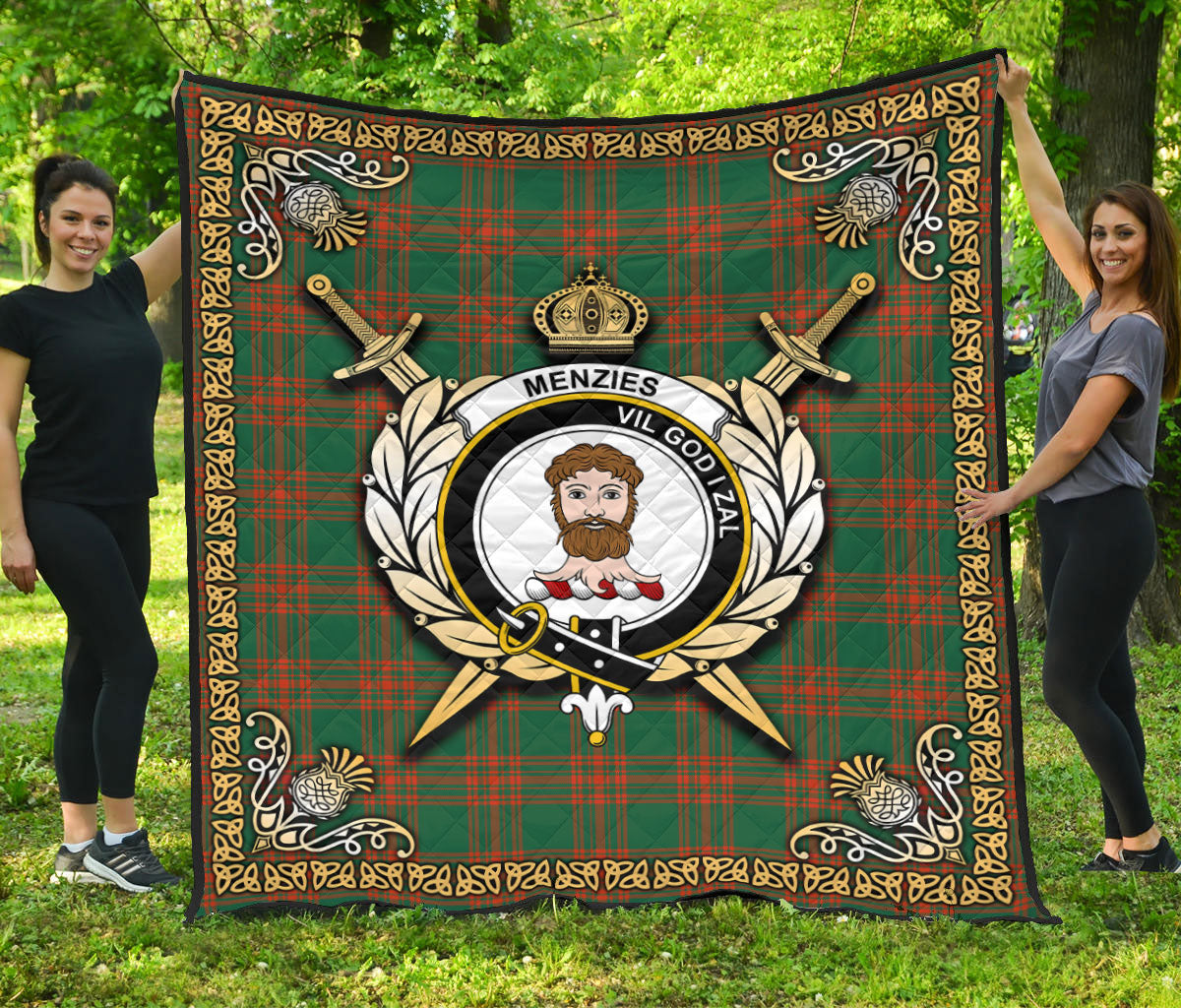 Menzies Green Ancient Tartan Crest Premium Quilt - Celtic Thistle Style