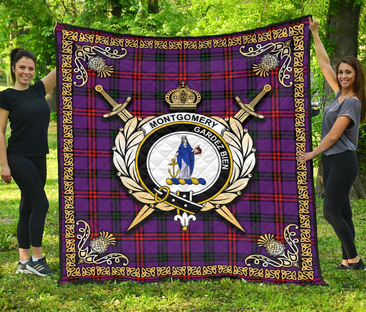 Montgomery Modern Tartan Crest Premium Quilt - Celtic Thistle Style