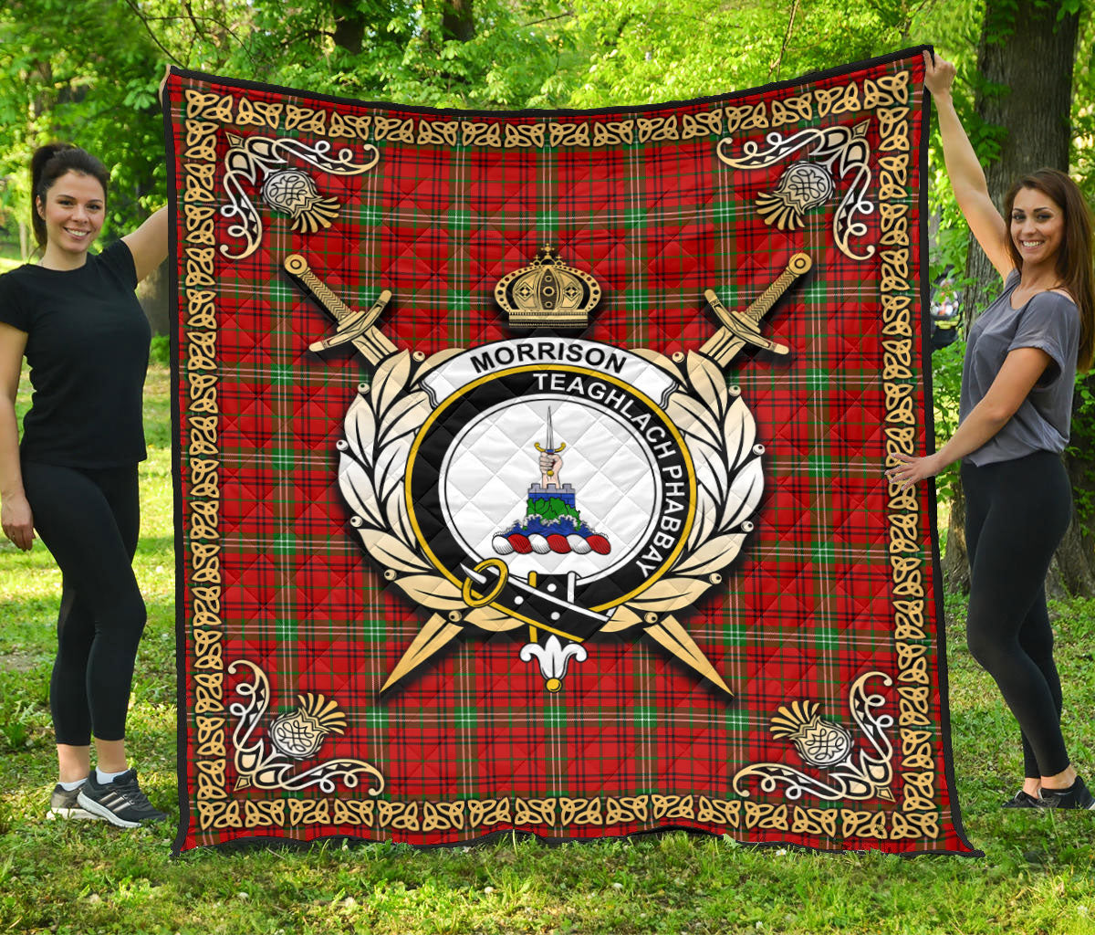 Morrison Red Modern Tartan Crest Premium Quilt - Celtic Thistle Style