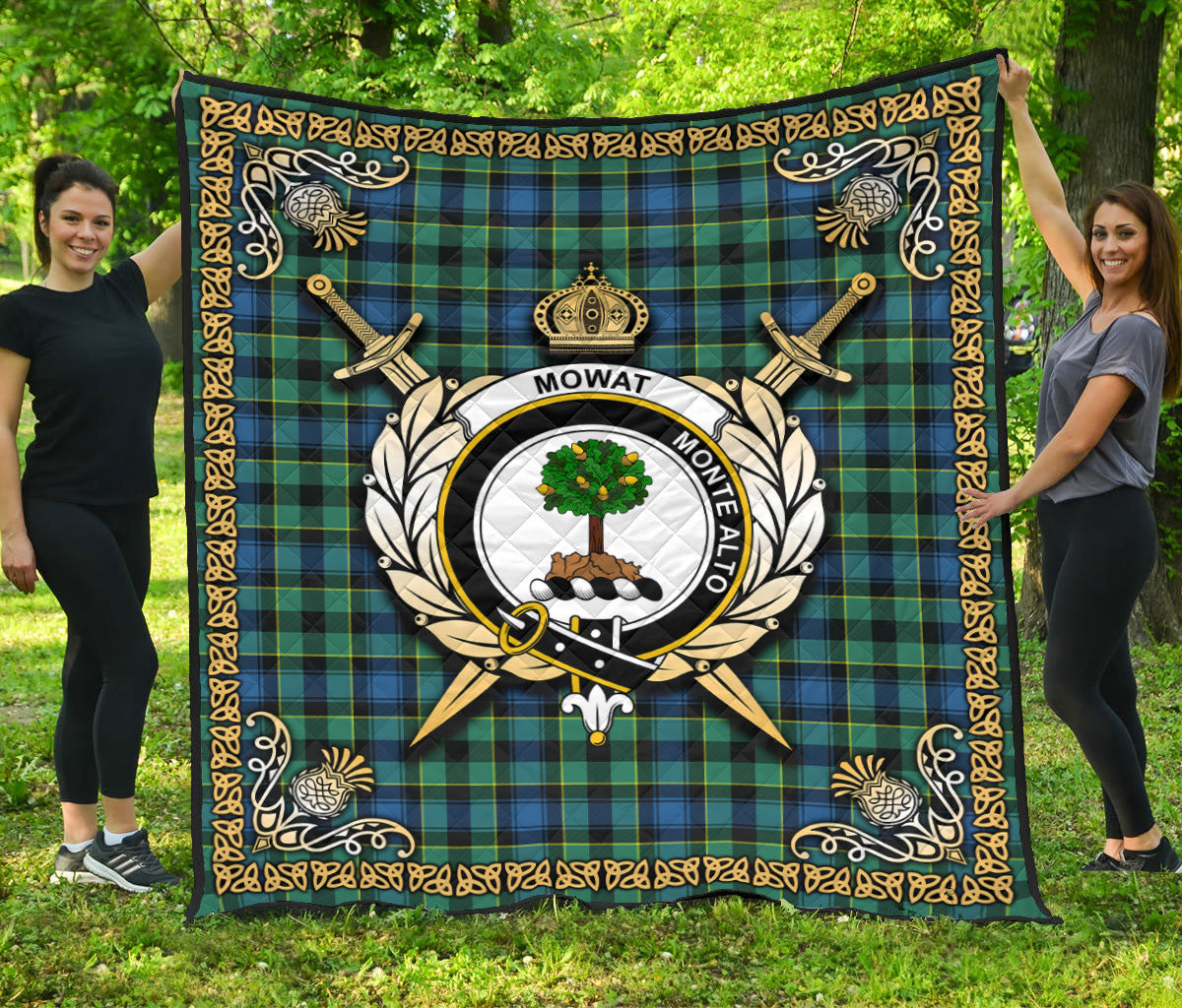 Mowat Ancient Tartan Crest Premium Quilt - Celtic Thistle Style