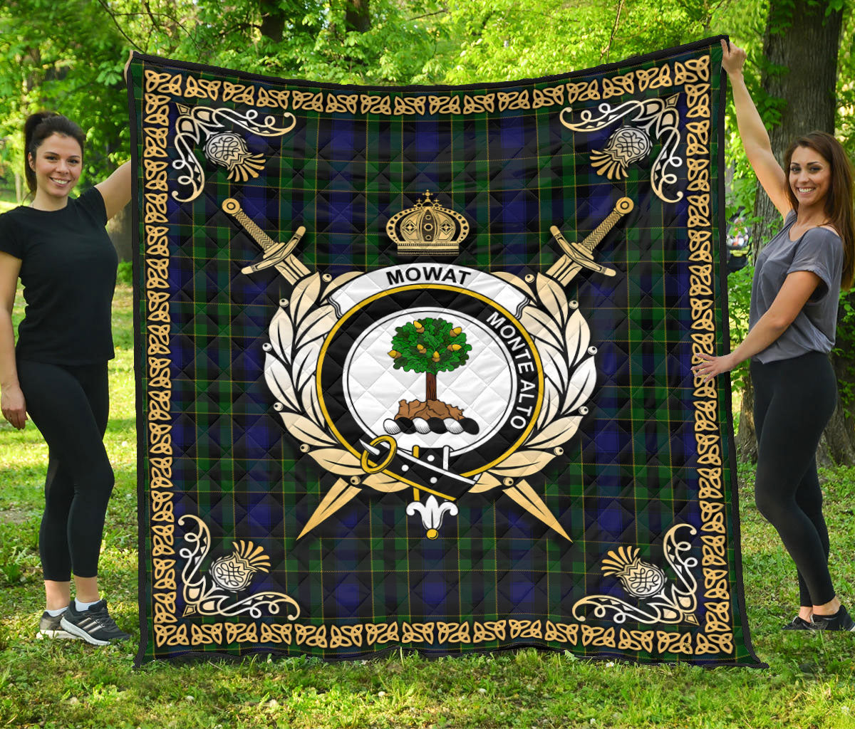 Mowat Modern Tartan Crest Premium Quilt - Celtic Thistle Style