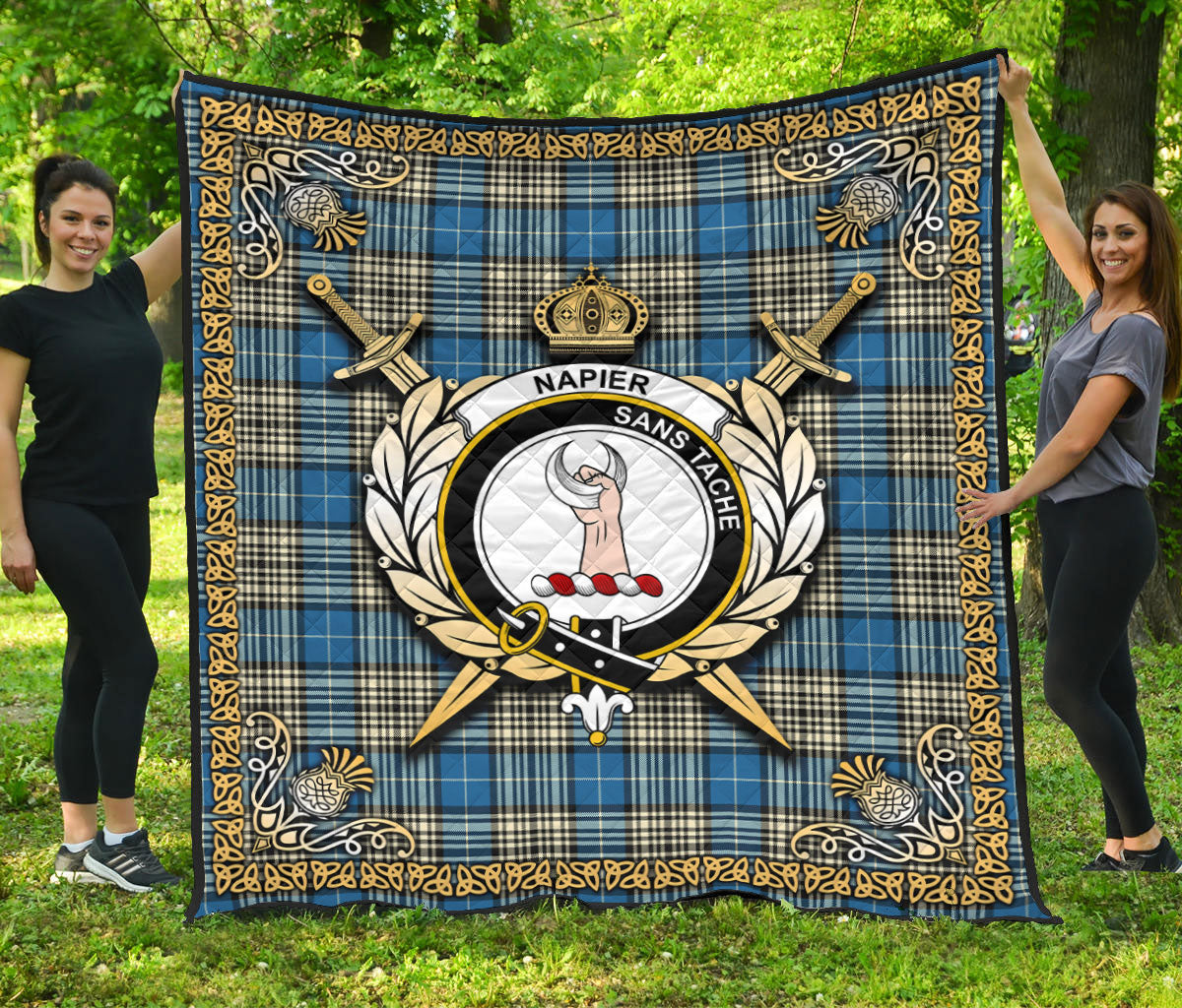 Napier Ancient Tartan Crest Premium Quilt - Celtic Thistle Style