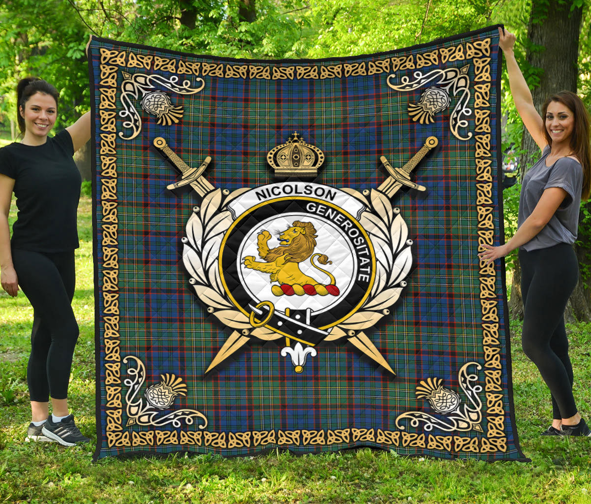 Nicolson Hunting Ancient Tartan Crest Premium Quilt - Celtic Thistle Style