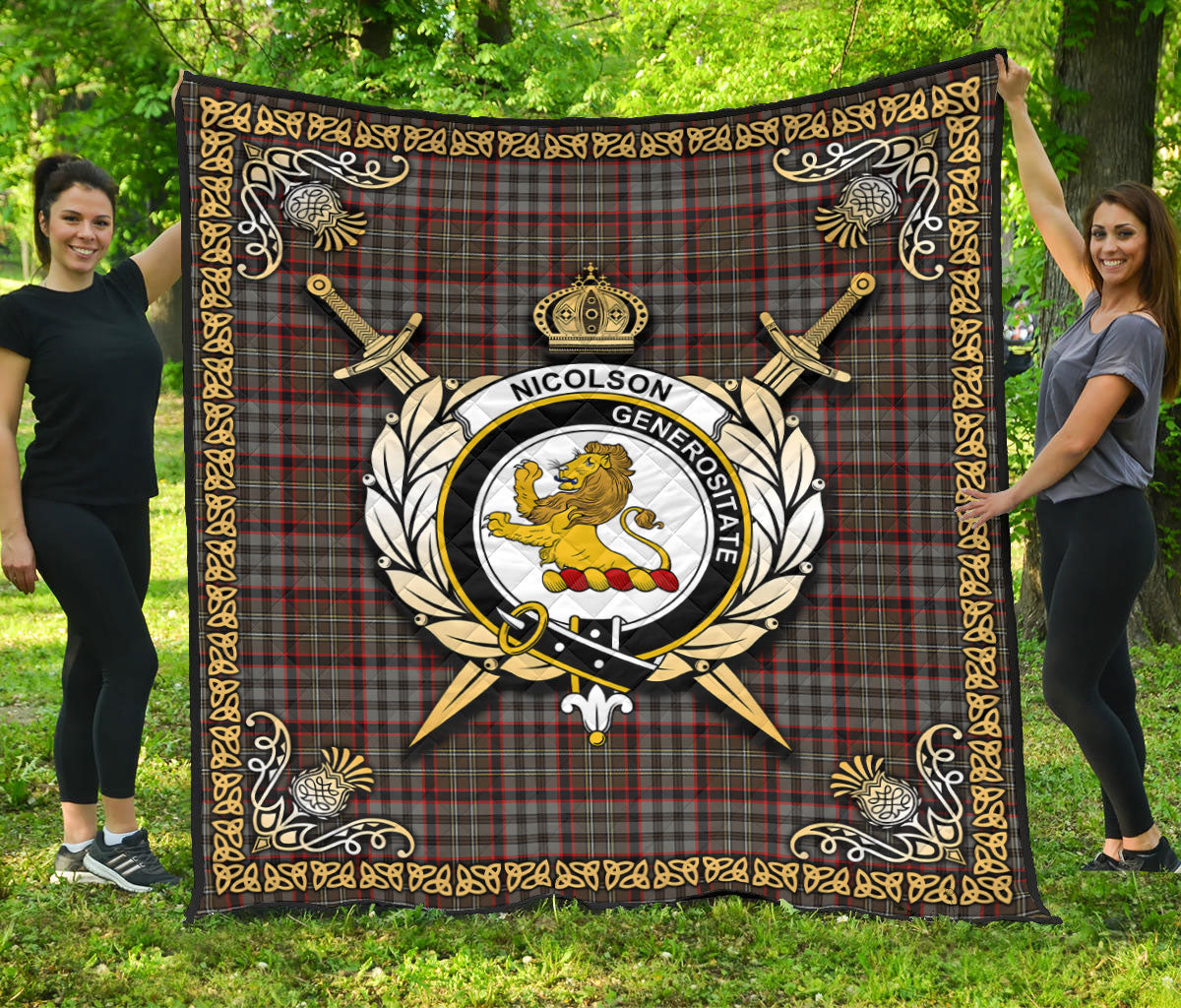 Nicolson Hunting Weathered Tartan Crest Premium Quilt - Celtic Thistle Style