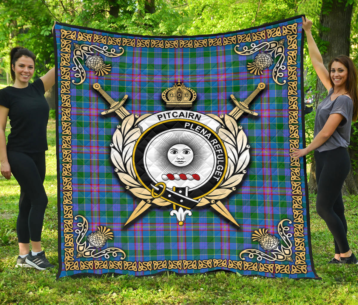 Pitcairn Hunting Tartan Crest Premium Quilt - Celtic Thistle Style