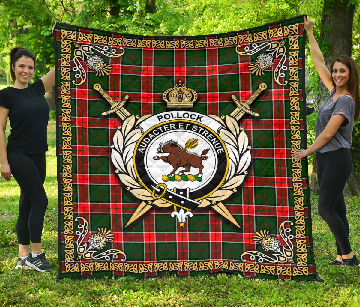 Pollock Tartan Crest Premium Quilt - Celtic Thistle Style